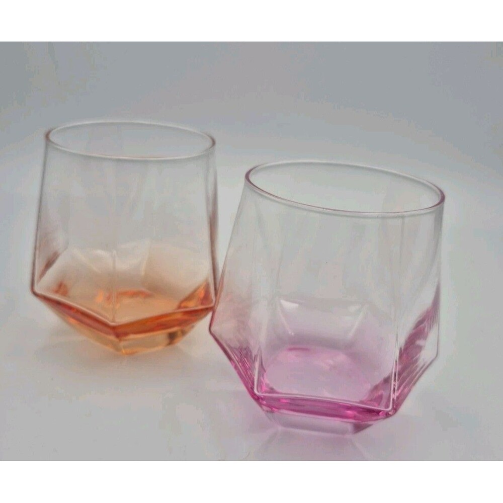Pink & Orange Diamond Stemless Wine Glass: Set Of 2.  4x3.25” Rachel Zoe Glasses